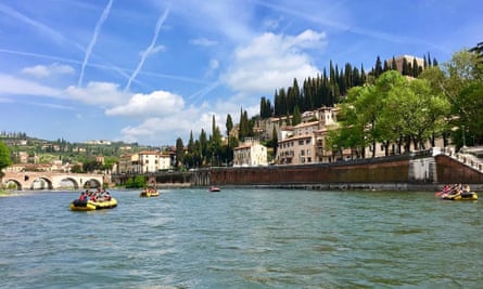 Rafting on the Adige river, Verona, Italy.
