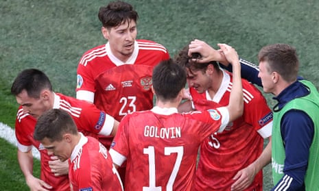 Russian players celebrate with Alexei Miranchuk after he scored the winner against Finland in their Euro 2020 Group B encounter.