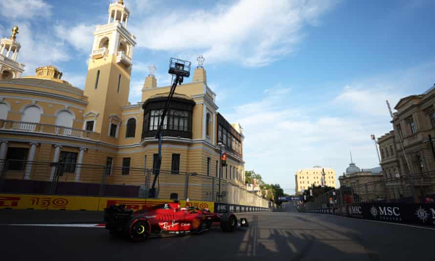 Charles Leclerc drives through the streets of Baku en route to pole position for the Azerbaijan F1 GP.