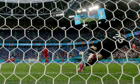 Unai Simón of Spain saves the second penalty from Fabian Schar of Switzerland in the penalty shootout after the 1-1 draw in St Petersburg. Spain won 3-1 on penalties.