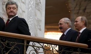 Ukrainian president Petro Poroshenko followed by Belarusian president Alexander Lukashenko and Russian president Vladimir Putin after talks in Minsk