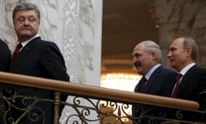 Ukrainian president Petro Poroshenko followed by Belarusian president Alexander Lukashenko and Russian president Vladimir Putin after talks in Minsk