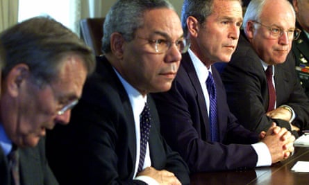 Colin Powell at a meeting of the national security council at the White House on the day following the 9/11 attacks in 2001 with, from left, Donald Rumsfeld, President George W Bush and Dick Cheney.