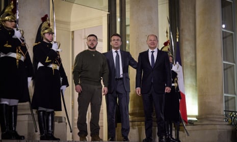Volodymyr Zelenskyy with Emmanuel Macron and Olaf Scholz during the Ukrainian leader’s visit to Paris earlier this month
