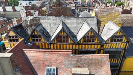 The top portion of the timber-framed townhouse in Gloucester