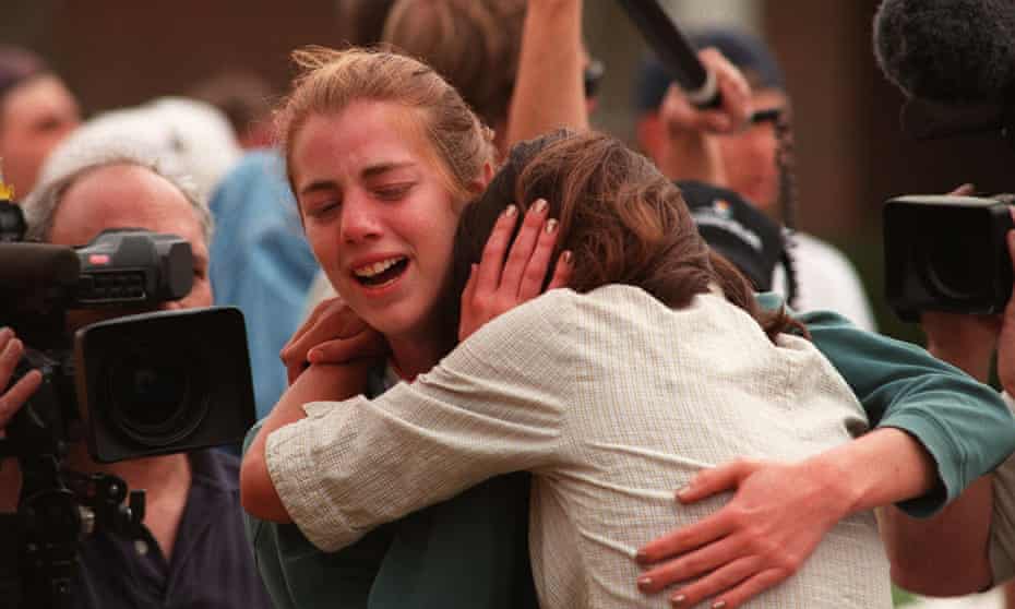 Students at Columbine high school in Littleton, Colorado on 20 April 1999.