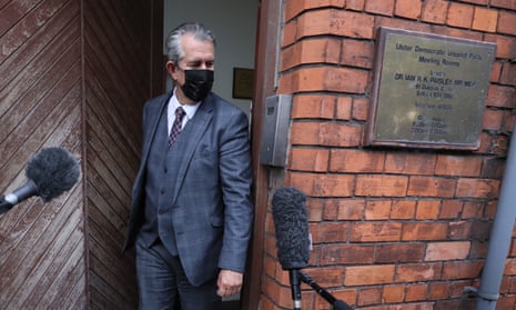 Edwin Poots leaves the DUP headquarters in Belfast on Thursday evening.