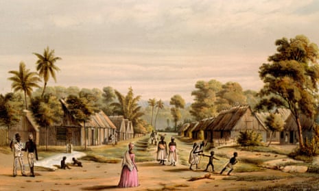 A print showing the dwellings of enslaved people on a Surinamese plantation from the mid-19th century.