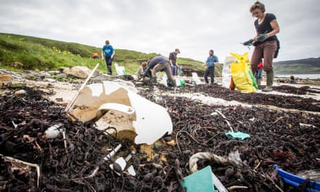 A beach clean on Isle of Eigg, Scotland. Some 20% of the litter was packaging from single-use plastic items. 