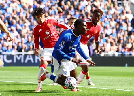 Thierno Barry of Everton goes down in the penalty box.