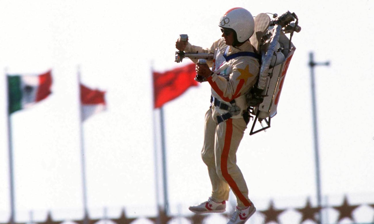 Rocket man … Bill Suitor demonstrates his jet pack at the 1984 Olympic Games, Los Angeles.