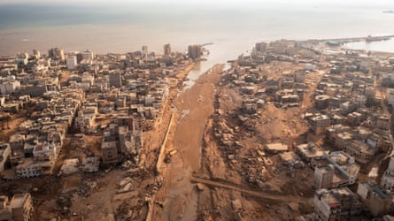 An aerial view shows the destruction, in the aftermath of the floods in Derna, Libya.