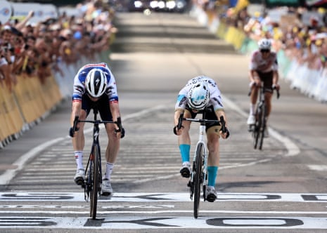 A photo-finish for Kasper Asgreen and Matej Mohorič during stage 19 of the Tour de France.