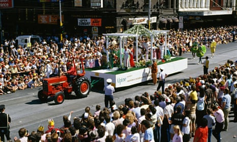 Michelle Yeoh in a green dress at the front of a float during the 1984 Moomba Parade