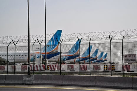 Planes parked on the tarmac at Dubai international airport on Monday.