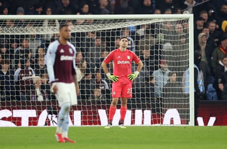 Aston Villa's Emiliano Martinez looks dejected after Chelsea's Joao Pedro scores their fourth goal to complete a hat-trick.
