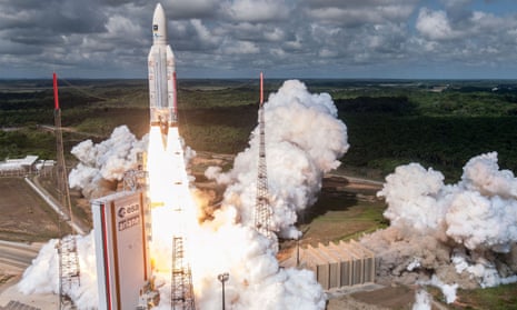 The Ariane 5 rocket with a payload of four Galileo satellites lifting off from the European Space Agency’s spaceport in Kourou, French Guiana. 