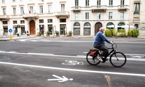 A cyclist in a new bike lane in Milan