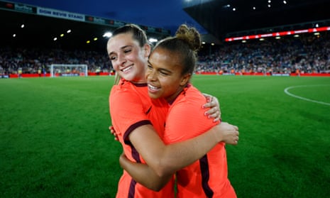 Nikita Parris (right) embraces Ella Toone after last week’s win over the Netherlands.