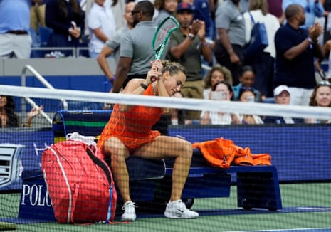 Sabalenka smashes her racquet after losing her women's singles final match.