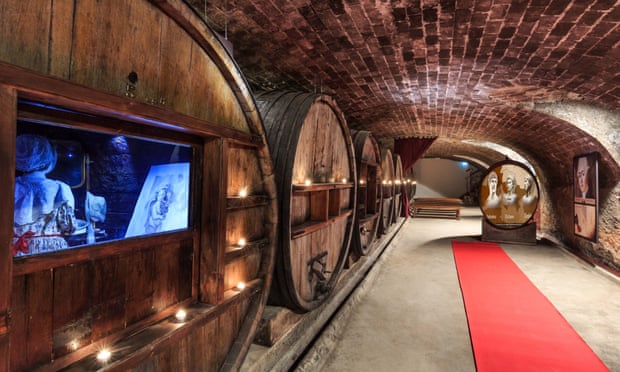 Large barrels in vault at VinoSpirit Expériences at Château de Saint-Martin