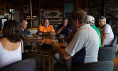 Locals (quiet Australians) sit around the Table Of Knowledge at the Shoalhaven Heads Hotel in Shoalhaven Heads. Gilmore electorate, pre-federal election coverage and Vox Pops, NSW, Australia.
