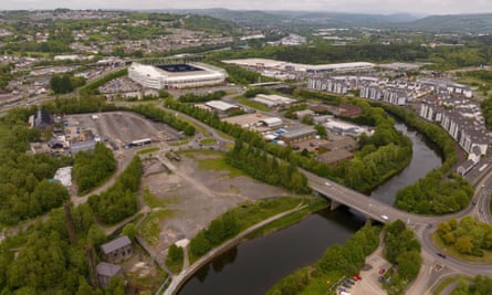 Swansea’s Liberty Stadium and the Landore Park and Ride (left) pictured in May 2023.
