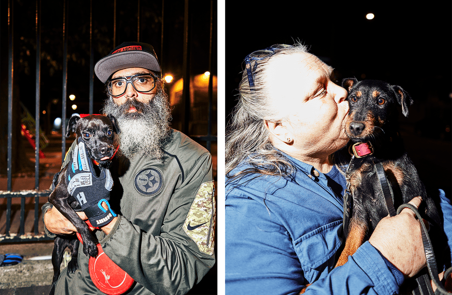 Left: Efran Reyes, with his dog Bustelo. Right: Kim McCormick and her dog, Greta.