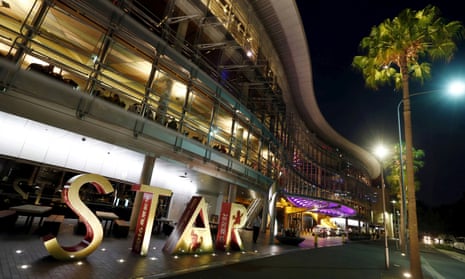 A view of the front of Star casino Sydney at night time