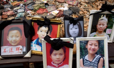 Photographs of missing children in the rubble after the 2008 Sichuan earthquake.