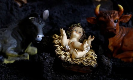 Christmas nativity scene created by workers from the National Geographic Institute (IGN) with rocks expelled from the Cumbre Vieja volcano on the Canary Island of La Palma, Spain earlier this month.