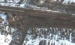 This Maxar satellite image taken on Monday claims to show military vehicles at a rail yard in Veselaya Lopan, southwest of Belgorod, Russia.