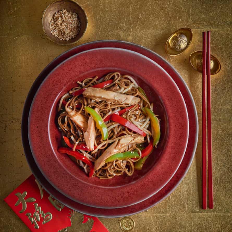Cool buckwheat noodles with chicken and mixed vegetables by Fuchsia Dunlop.