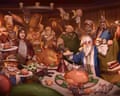 A diverse group of animated characters gather around a feast table laden with roasted meats and food