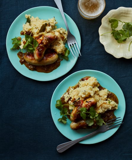Ravinder Bhogal’s braised sausages in a cider and chutney sauce, with curry-leaf upma mash.