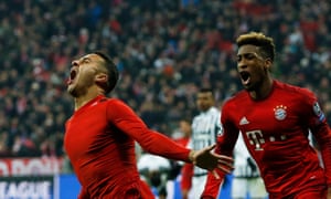 Thiago Alcantara, left, celebrates after putting the Bayern Munich 3-2 ahead.