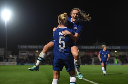 Sophie Ingle of Chelsea celebrates with teammate Erin Cuthbert after scoring against Real Madrid