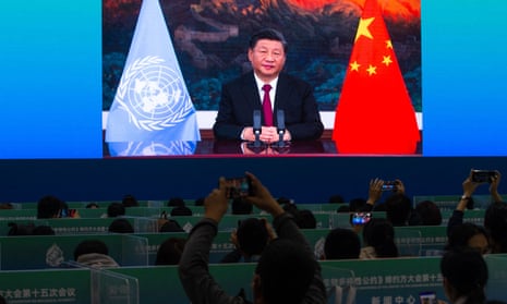 President Xi Jinping speaks at the Cop15 media centre in Kunming in October 2021
