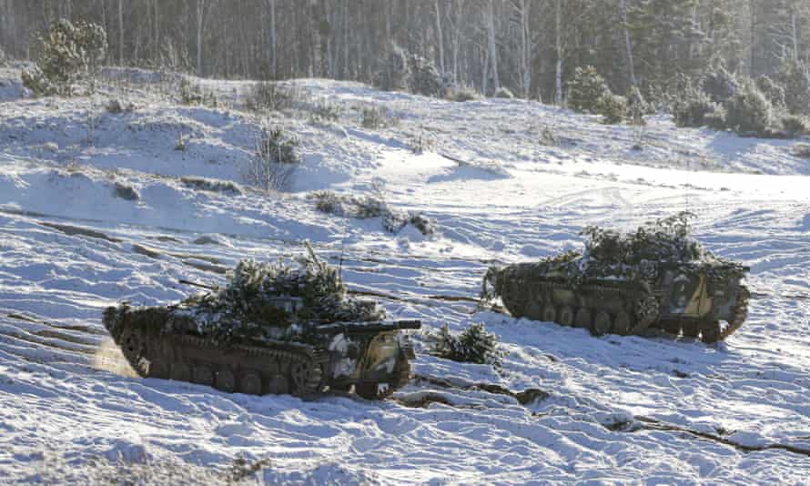 Armoured vehicles at the Gozhsky training ground during Russia-Belarus military drills. Russia has massed troops near the Ukraine border and has sent troops to exercises in neighbouring Belarus but denies that it intends to launch an offensive against Ukraine.