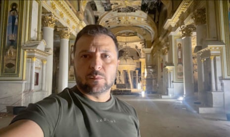 Volodymyr Zelenskiy inspecting damage inside the Odesa cathedral