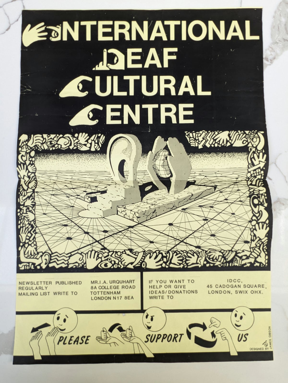A poster for the International Deaf Cultural Centre features hands and ears over a spatial grid