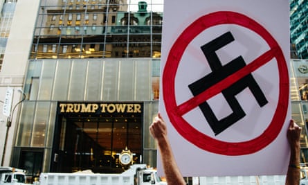 Protesters outside Trump Tower expressed anger at Trump’s handling of the attack in Charlottesville by a white supremacist.