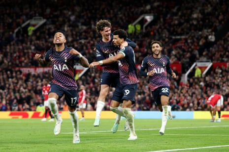 Dominic Solanke celebrates scoring Tottenham Hotspur's equaliser with teammates Savio and Archie Gray.