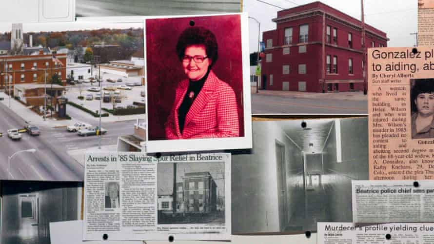 Bulletin board of photos and clippings from Helen Wilson’s murder