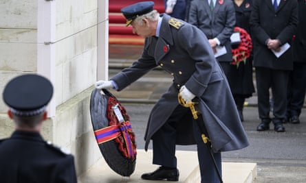 King Charles III lays a wreath at the Cenotaph.