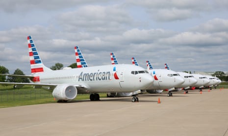 American Airlines Boeing 737 Max jets sit parked at a facility in Tulsa, Oklahoma.