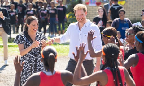 The Duke and Duchess of Sussex meeting a group of dancers at the Nyanga Township in Cape Town, South Africa. Issue date: Tuesday August 23, 2022.