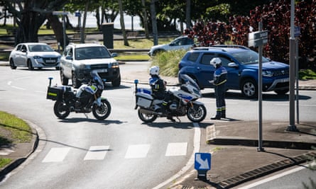 Police officers block access to a road leading to the headquarters of the Caledonian Union on Wednesday.