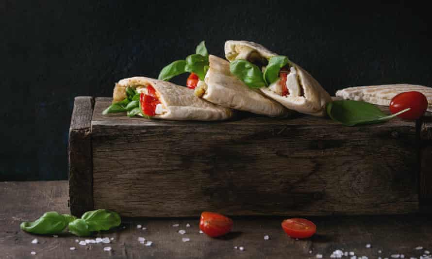 Pitta filled with cheese and assorted veg.