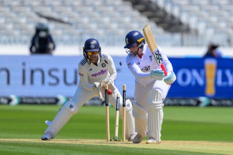 Sophie Ecclestone is bowled by Sneh Rana and it’s all over at Lord’s.